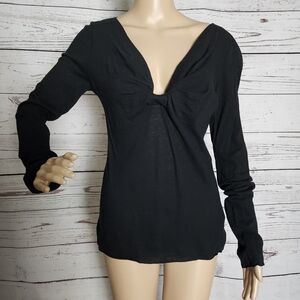 Max Studio Black Linen Cotton Twist Front Long Sleeve Shirt Small